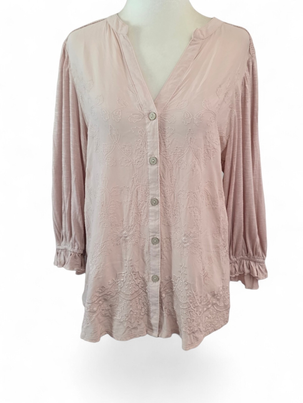Democracy Women's Blush Button-Front Embroidered Blouse